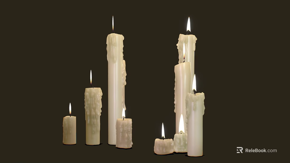 Candle Lamp With Various Sizes Burning Candles Ivory White Color And Melted Wax Texture 3d model 
