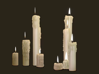 Candle Lamp With Various Sizes Burning Candles Ivory White Color And Melted Wax Texture 3d model