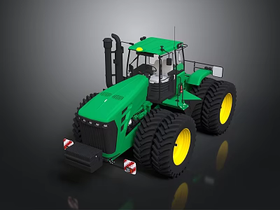 Green Tractor with Large Black Tires Yellow Rims and Spacious Cab on Dark Surface 3d model