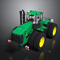 Green Tractor with Large Black Tires Yellow Rims and Spacious Cab on Dark Surface