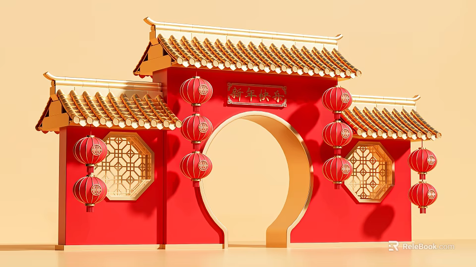 Chinese Style Event Gateway With Red Walls Golden Roof Lanterns And Happy New Year Plaque 3d model 