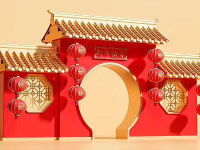 Chinese Style Event Gateway With Red Walls Golden Roof Lanterns And Happy New Year Plaque 3d model