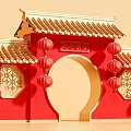 Chinese Style Event Gateway With Red Walls Golden Roof Lanterns And Happy New Year Plaque