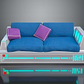 Futuristic Blue Sofa With Purple Cushions And Glowing LED Accents Design