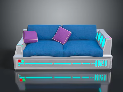 Futuristic Blue Sofa With Purple Cushions And Glowing LED Accents Design 3d model