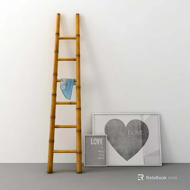 Bamboo Ladder With Blue Towel And Picture Frames Featuring Heart Love Art 3d model 