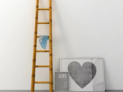 Bamboo Ladder With Blue Towel And Picture Frames Featuring Heart Love Art 3d model