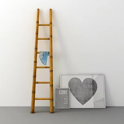 Bamboo Ladder With Blue Towel And Picture Frames Featuring Heart Love Art 3d model Bamboo Ladder With Blue Towel And Picture Frames Featuring Heart Love Art 3d model
