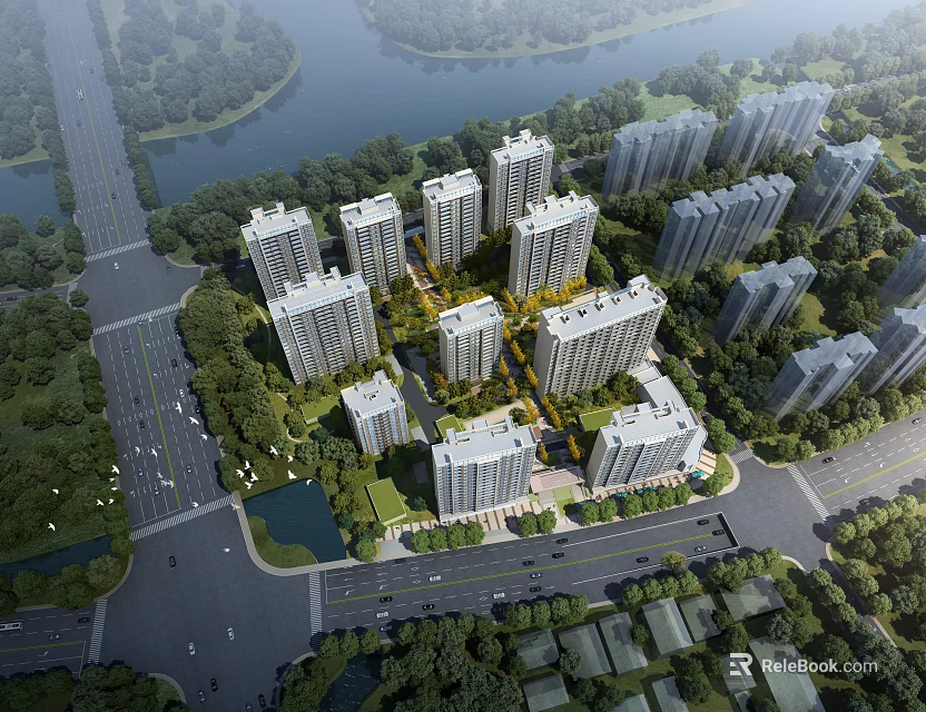 Birds Eye View Planning Of Residential Community With Buildings Roads And Rivers 3d model 