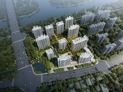 Birds Eye View Planning Of Residential Community With Buildings Roads And Rivers 3d model