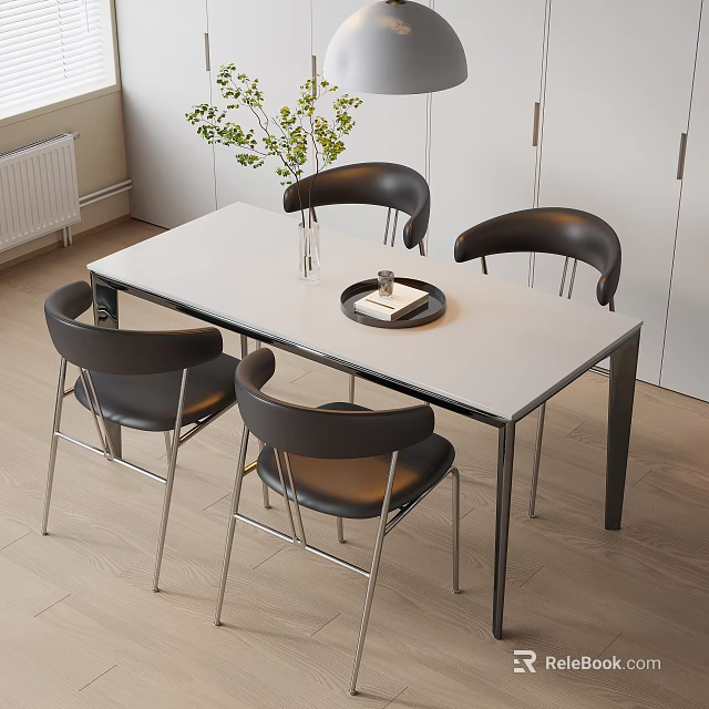 Modern Dining Table Set with White Tabletop Black Chairs and Green Plant in Modern Kitchen 3d model 