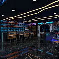 Modern Bar Interior With Colorful Light Background DJ Stage And Glass Tables