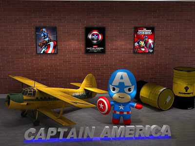 Captain America Electric Toy Set with Airplane Figure Shield Barrels and Red Brick Wall Background 3d model
