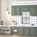 Green Kitchen Cabinets With Black And White Checkerboard Tiles Window White Countertop And Hanging Lights