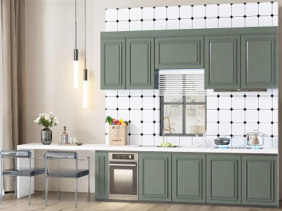 Green Kitchen Cabinets With Black And White Checkerboard Tiles Window White Countertop And Hanging Lights 3d model