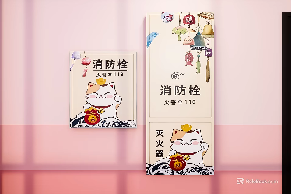 Fire Safety Equipment With Cartoon Cat Design Fire Hydrant And Extinguisher 3d model 
