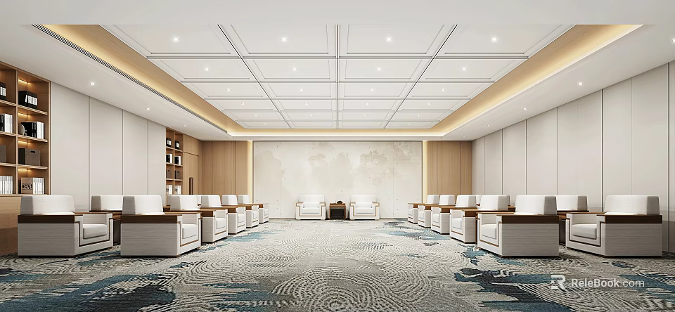 Modern Spacious Conference Room With Wooden Walls Patterned Carpet White Seats And Ceiling Lights 3d model 