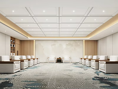 Modern Spacious Conference Room With Wooden Walls Patterned Carpet White Seats And Ceiling Lights 3d model