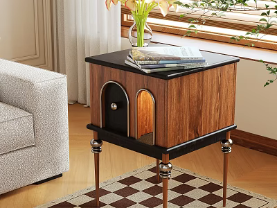 Wooden Side Table with Black Top Books Vase and Arch Door by Living Room Sofa 3d model