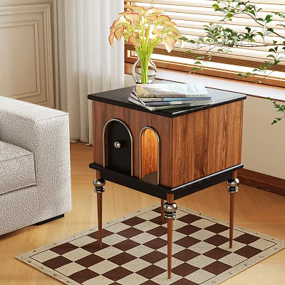 Wooden Side Table with Black Top Books Vase and Arch Door by Living Room Sofa 3d model