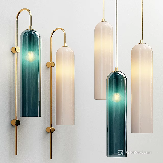 Decorative Ornament Set With Illuminated Green Cream Cylindrical Pendant Lights And Gold Metal Frames 3d model 