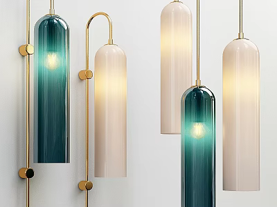 Decorative Ornament Set With Illuminated Green Cream Cylindrical Pendant Lights And Gold Metal Frames 3d model