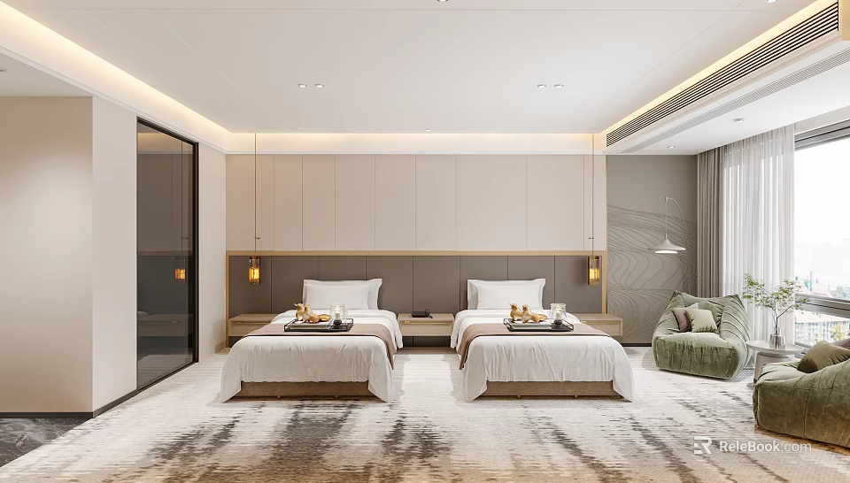 Modern Hotel Room With Twin Beds Wooden Headboard Green Armchair And Patterned Carpet 3d model 