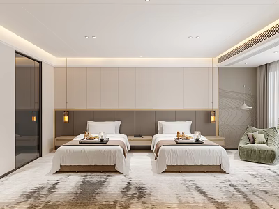 Modern Hotel Room With Twin Beds Wooden Headboard Green Armchair And Patterned Carpet 3d model