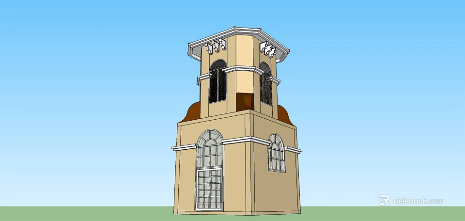 Beige Tower Building With Arched Windows Hexagonal Top Structure Brown Decorations And Blue Sky Background 3d model 