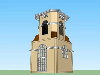 Beige Tower Building With Arched Windows Hexagonal Top Structure Brown Decorations And Blue Sky Background 3d model