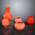Red Handcrafted Ceramic Tea Set With Various Shapes And Rustic Design Collection 3d model