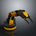 Black And Yellow Robotic Arm Character With Mechanical Joints Gripper And Circular Base