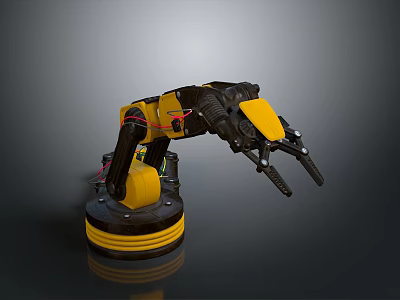 Black And Yellow Robotic Arm Character With Mechanical Joints Gripper And Circular Base 3d model