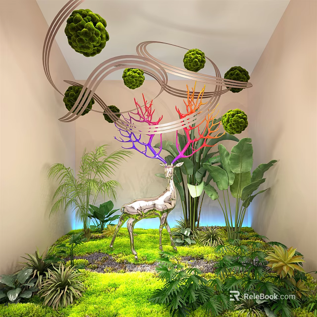 Lush Indoor Garden With Colorful Plants Moss Palm Leaves And Silver Deer Statue 3d model 