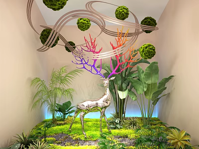 Lush Indoor Garden With Colorful Plants Moss Palm Leaves And Silver Deer Statue 3d model