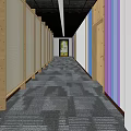 Elevator Hallway in Cultural Creative Space with White Reception Desk Direction Signs and Grid Ceiling