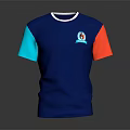 Blue T-shirt with Blue and Red Color Block Sleeves and Front Logo Design