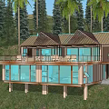 Modern Lakeside Villa With Large Glass Windows Palm Trees And Red Cars