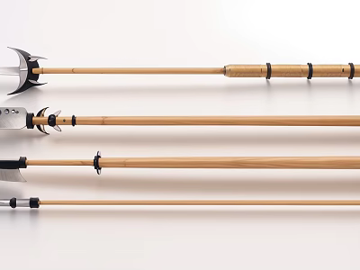 Traditional Handcrafted Weapons With Wooden Handles Metal Heads And Decorative Rings 3d model
