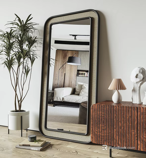 Framed Decorative Mirror Reflects Interior With Sofa Floor Lamp Potted Plant And Wooden Cabinet 3d model 