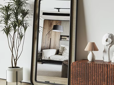 Framed Decorative Mirror Reflects Interior With Sofa Floor Lamp Potted Plant And Wooden Cabinet 3d model