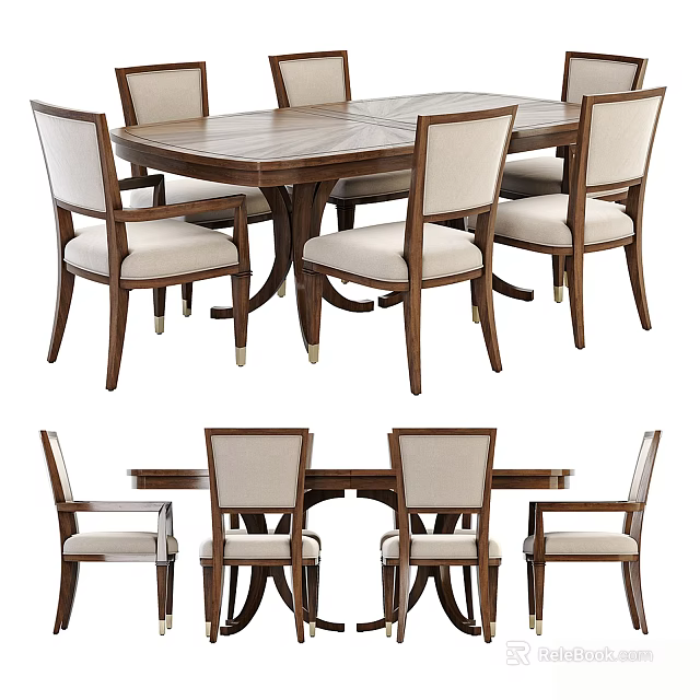Modern Dining Table Set With Wooden Tabletop And Upholstered Chairs 3d model