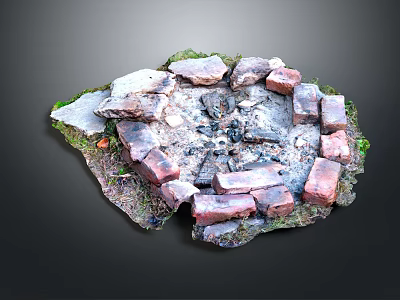 Rustic Stone Fire Pit Design With Wood Ash And Natural Grass Surroundings 3d model