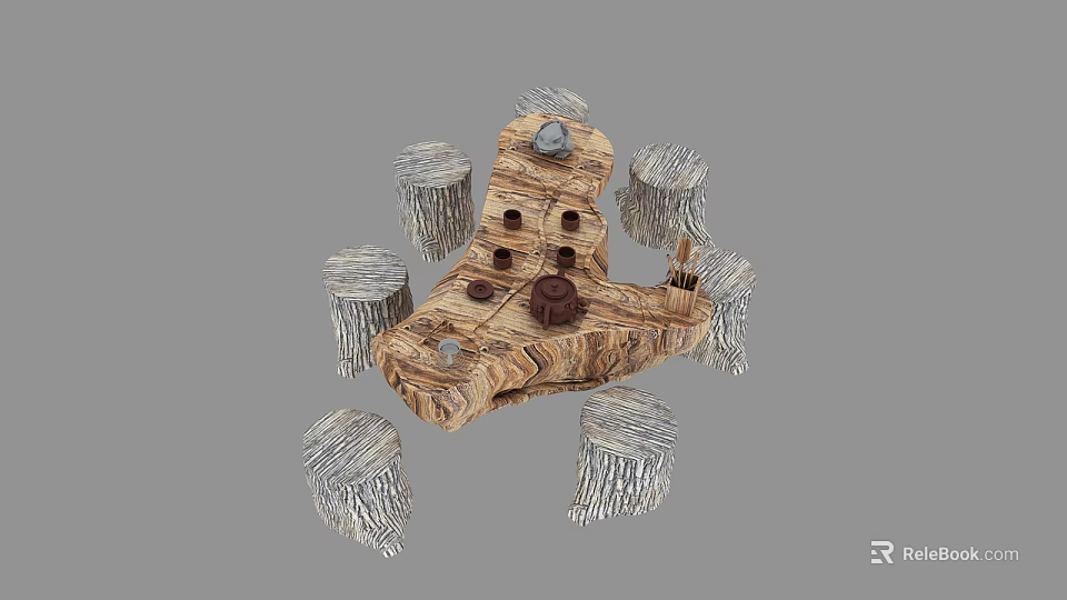 Rustic Natural Style Wooden Tea Table And Chairs With Tree Stump Design 3d model 