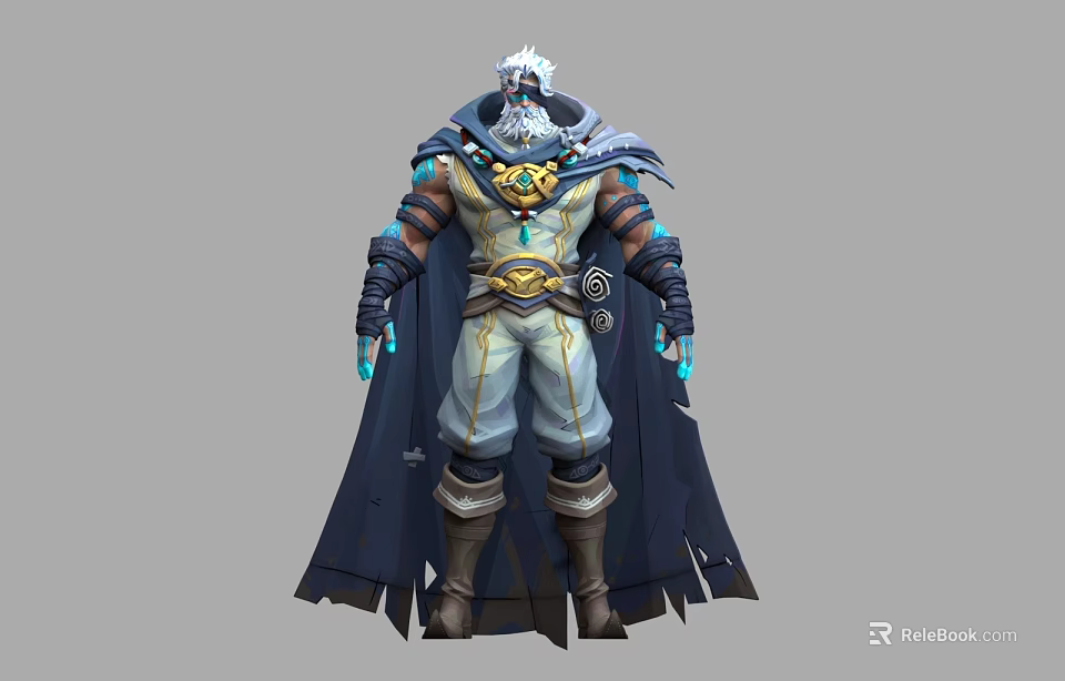 Man In Blue Cloak With Golden Ornaments And Headpiece Wearing Gloves And Boots 3d model 