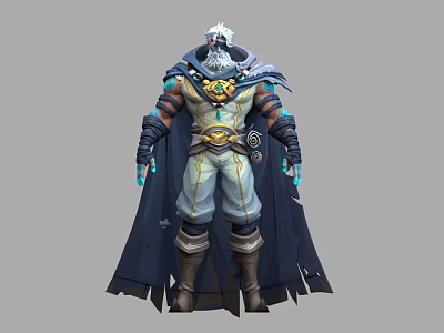 Man In Blue Cloak With Golden Ornaments And Headpiece Wearing Gloves And Boots 3d model