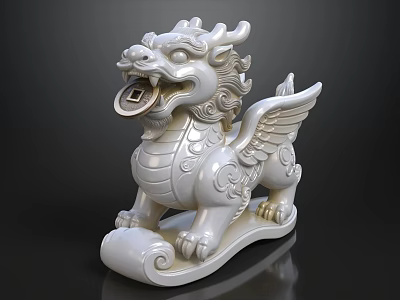 White Ornate Mythical Beast Statue With Wings Coin And Cloud Pattern Base 3d model