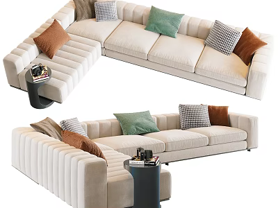 Beige Modular Sofa With Colorful Throw Pillows And Side Table 3d model
