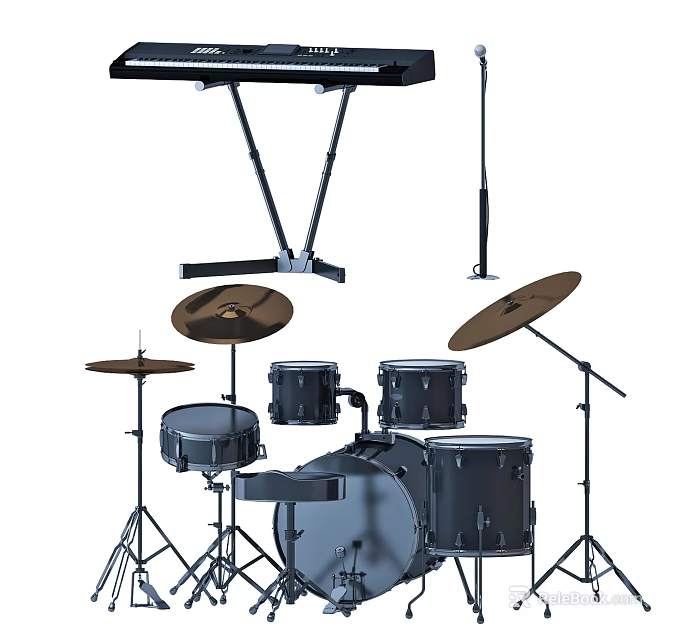 Professional Musical Instruments Set With Drum Kit Keyboard Cymbals And Stands 3d model 