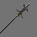 Intricately Designed Long Spear Featuring Metal Blade and Black Shaft with Gold Accents